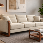 Angled side view of the Madeira sofa in cream patterned Amy 904 upholstery, showing three seat cushions, matching pillows, a padded side panel and a rounded loop frame in a teak finish.