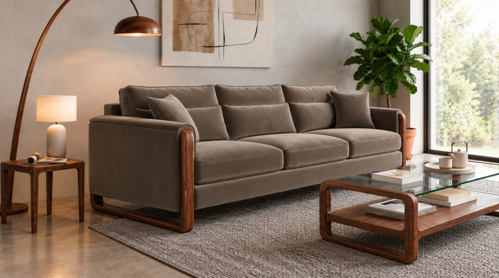 Angled side view of the Madeira sofa in taupe patterned Amy 908 upholstery, showing three seat cushions, matching pillows, a padded arm panel and rounded loop supports in a warm teak finish.