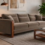 Angled side view of the Madeira sofa in taupe patterned Amy 908 upholstery, showing three seat cushions, matching pillows, a padded arm panel and rounded loop supports in a warm teak finish.