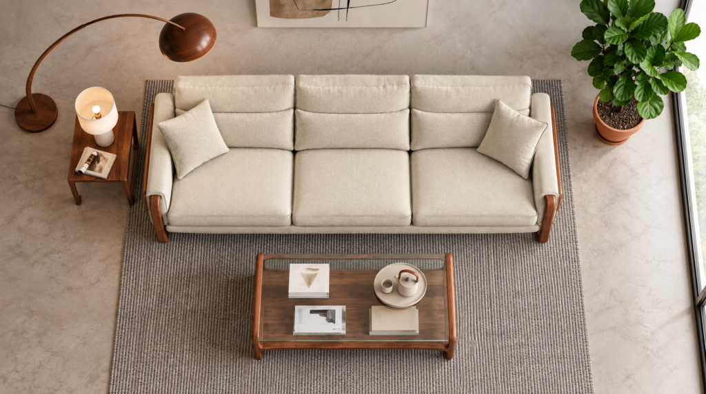 Top view of the Madeira three-seater sofa in cream patterned Amy 904 upholstery, showing three seat cushions, divided back cushions, two matching side pillows and padded arms edged with a teak finish.