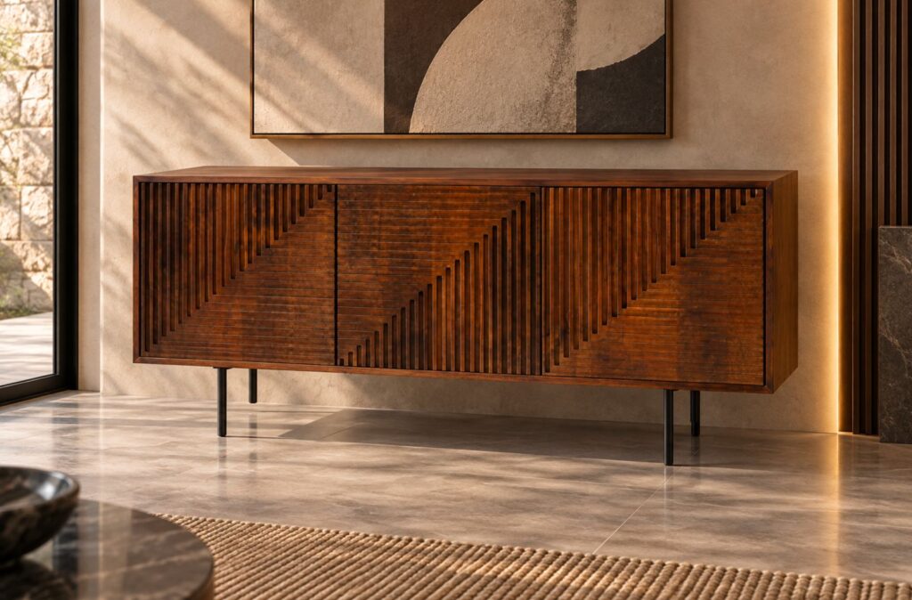 Front view of the Rhythm bar cabinet in a warm brown wood finish, featuring three doors with horizontal and vertical grooves meeting diagonally, a narrow outer frame and dark legs.