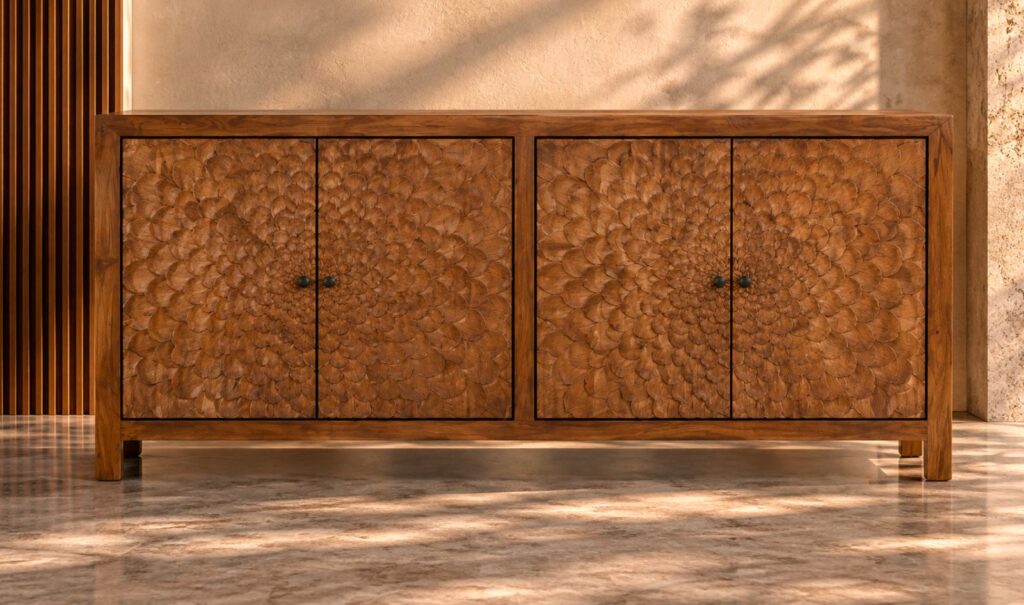 Front view of the Rosette bar cabinet in a warm brown wood finish, with two circular floral patterns across four doors, dark round knobs, a rectangular frame and short square legs.