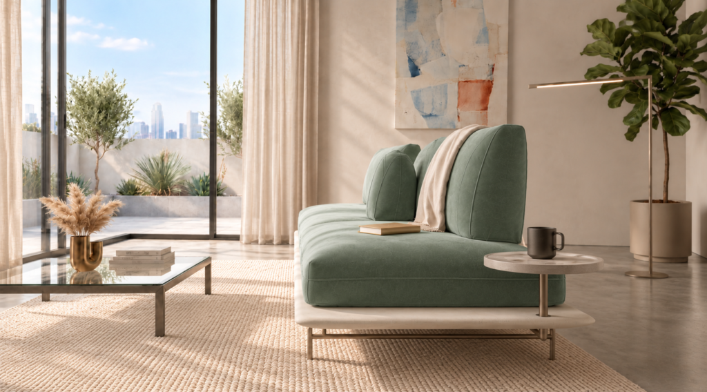 Side view of the Solaris sofa in sage green patterned fabric, showing its deep bench seat, upright back cushions, ivory platform, slim metal legs and mounted round side table.
