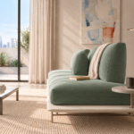 Side view of the Solaris sofa in sage green patterned fabric, showing its deep bench seat, upright back cushions, ivory platform, slim metal legs and mounted round side table.