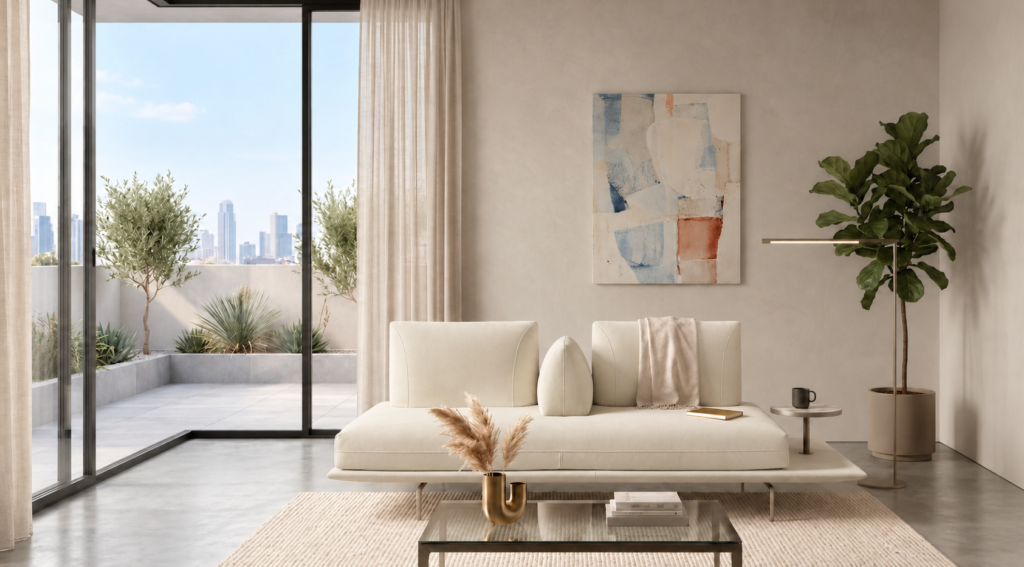 Front view of the Solaris sofa in ivory fabric, featuring a continuous bench seat, two broad back cushions, a central wedge bolster, an extended platform and a mounted round side table.