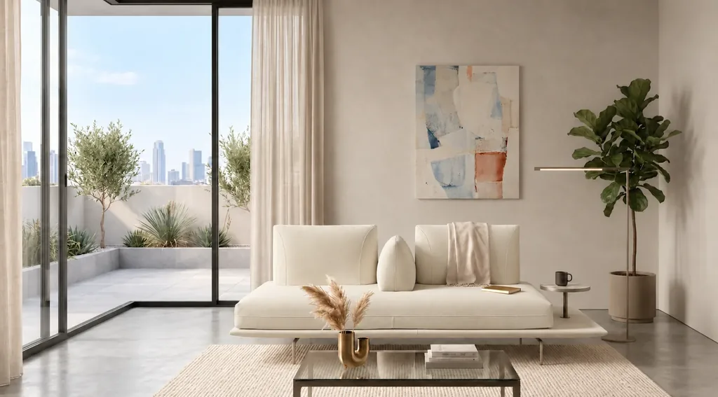 Front view of the Solaris sofa in ivory fabric, featuring a continuous bench seat, two broad back cushions, a central wedge bolster, an extended platform and a mounted round side table.