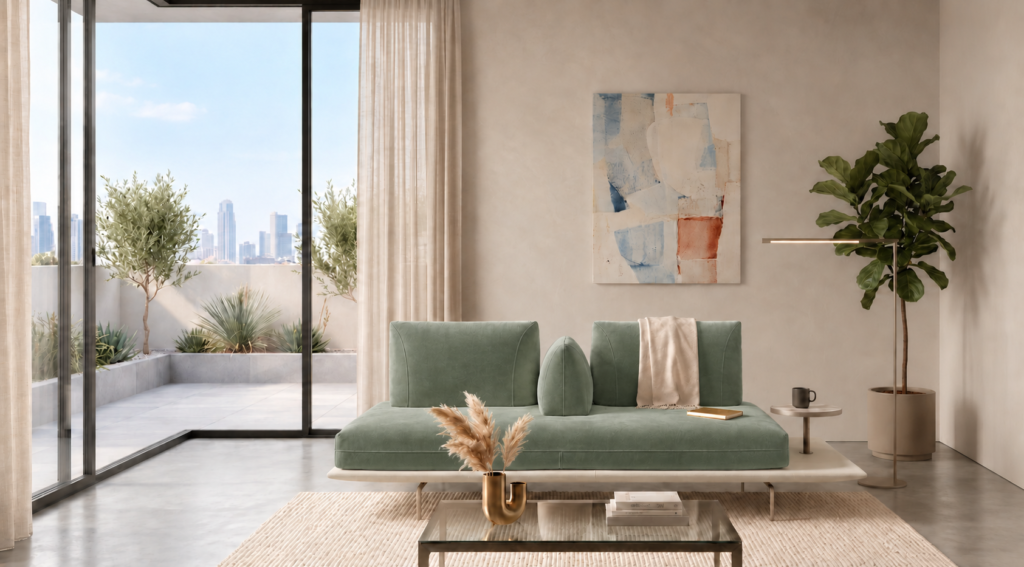 Front view of the Solaris sofa in sage green fabric, featuring a continuous bench seat, two back cushions, a central wedge bolster and an ivory platform with a mounted round side table.