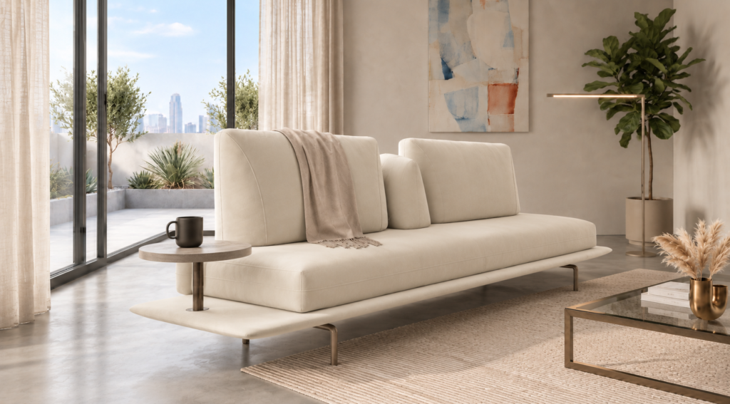 Angled view of the Solaris sofa in ivory upholstery, with a long bench seat, separate back cushions, a central bolster, an extended platform, slim metal legs and a round side table.