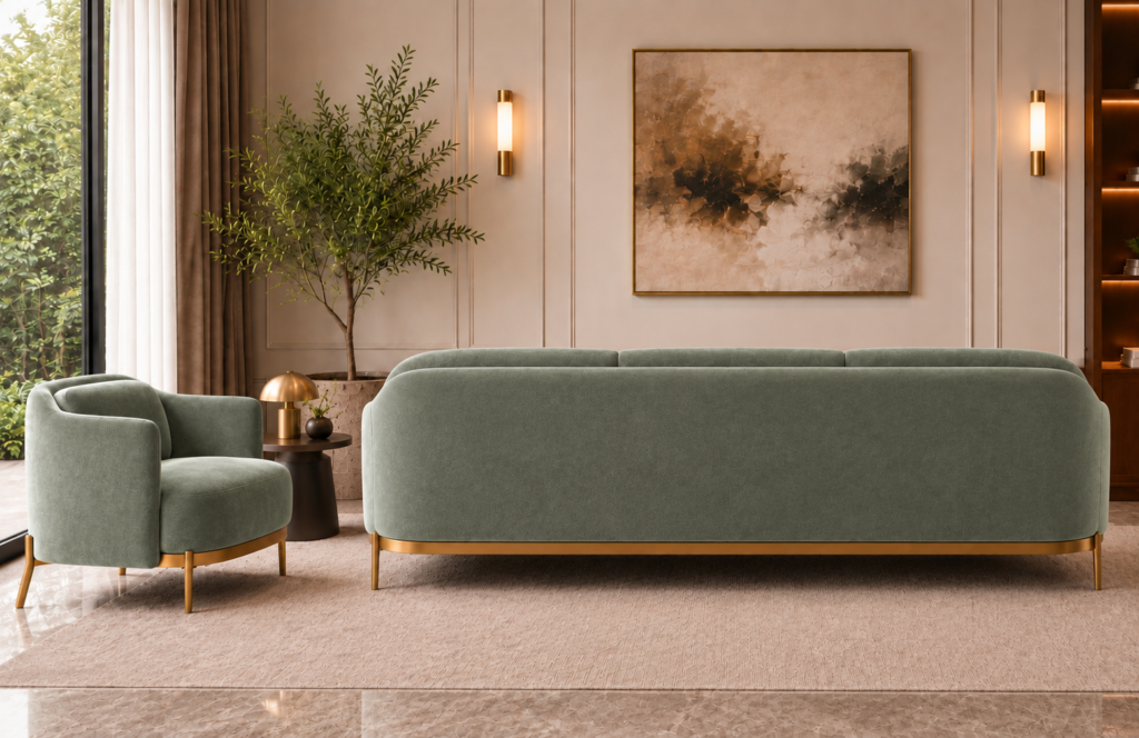 Rear view of the Duet sofa in sage green patterned Aston 922 upholstery, showing a continuous rounded back, gold finish base trim and slender legs, alongside a matching armchair.