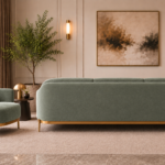 Rear view of the Duet sofa in sage green patterned Aston 922 upholstery, showing a continuous rounded back, gold finish base trim and slender legs, alongside a matching armchair.