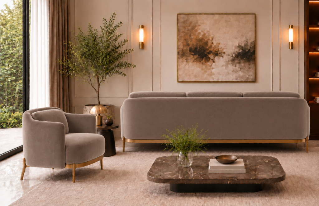 Rear view of the Duet sofa in taupe patterned Aston 925 upholstery, showing a broad rounded back, three cushion tops, gold finish base trim and slender legs, alongside a matching armchair.