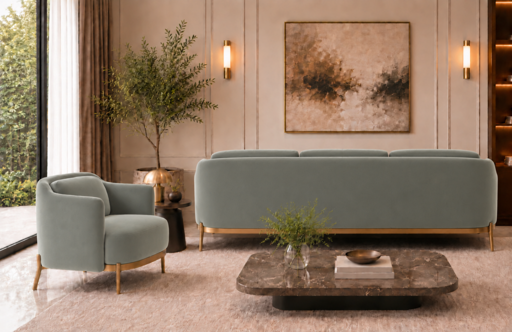 Rear view of the Duet sofa in grey-green Phantom 118 leatherette, showing a broad upholstered back, rounded corners and gold finish base trim, with a matching armchair alongside.