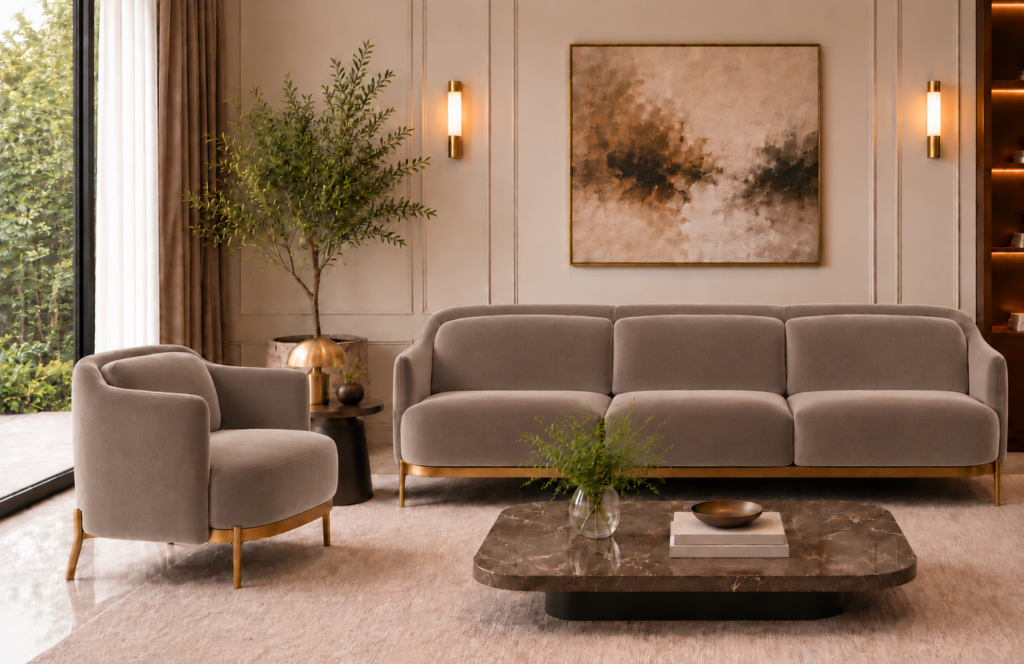 Front view of the Duet three-seater sofa and matching armchair in taupe patterned Aston 925 upholstery, with rounded arms, individual seat and back cushions, gold finish base trim and slender legs.