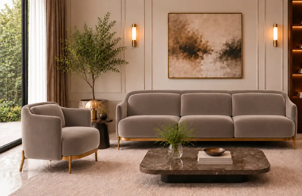 Front view of the Duet three-seater sofa and matching armchair in taupe patterned Aston 925 upholstery, with rounded arms, individual seat and back cushions, gold finish base trim and slender legs.