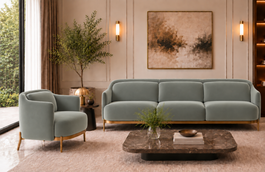 Front view of the Duet three-seater sofa and matching armchair in grey-green Phantom 118 leatherette, with rounded arms, separate seat and back cushions, gold finish base trim and slender legs.
