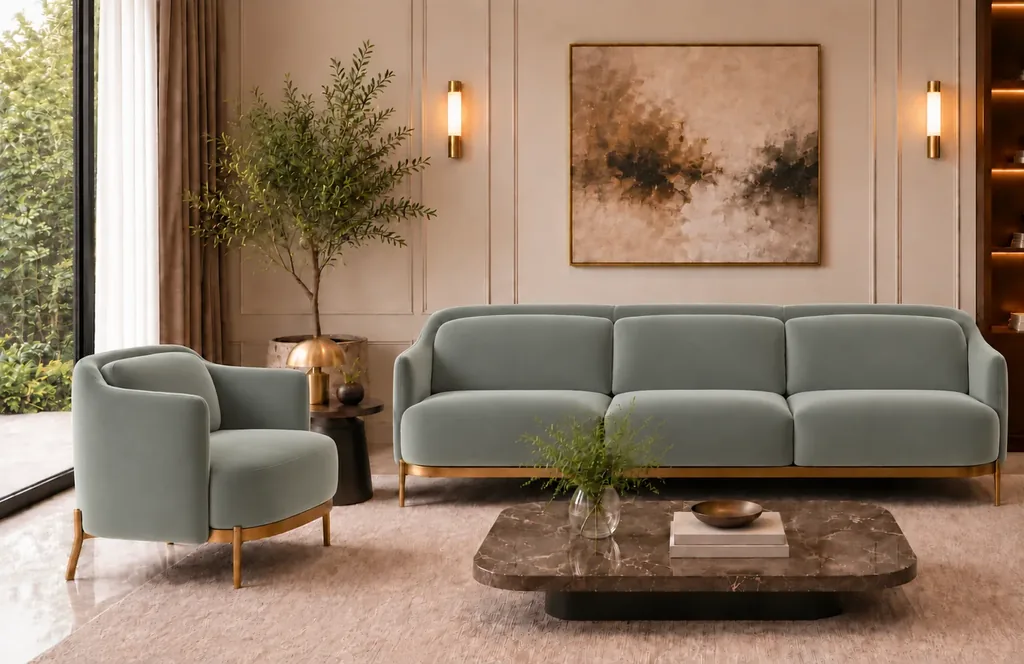 Front view of the Duet three-seater sofa and matching armchair in grey-green Phantom 118 leatherette, with rounded arms, separate seat and back cushions, gold finish base trim and slender legs.
