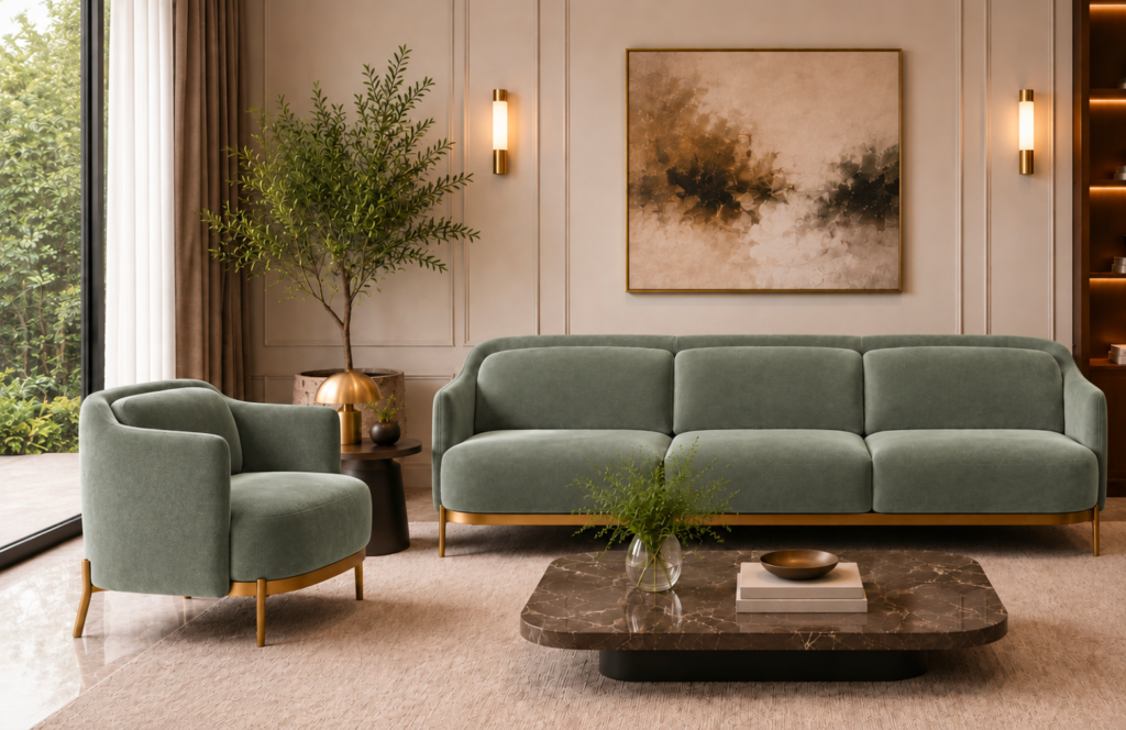 Front view of the Duet three-seater sofa and matching armchair in sage green patterned Aston 922 upholstery, featuring rounded arms, separate seat and back cushions, gold finish base trim and slender legs.