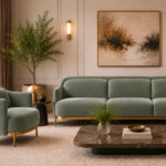 Front view of the Duet three-seater sofa and matching armchair in sage green patterned Aston 922 upholstery, featuring rounded arms, separate seat and back cushions, gold finish base trim and slender legs.