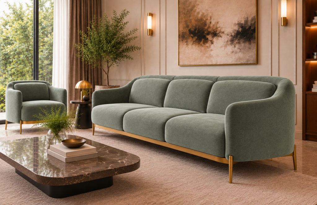 Angled side view of the Duet three-seater sofa in sage green patterned Aston 922 upholstery, showing curved arms, three separate cushions, gold finish base trim and slender legs, with a matching armchair nearby.