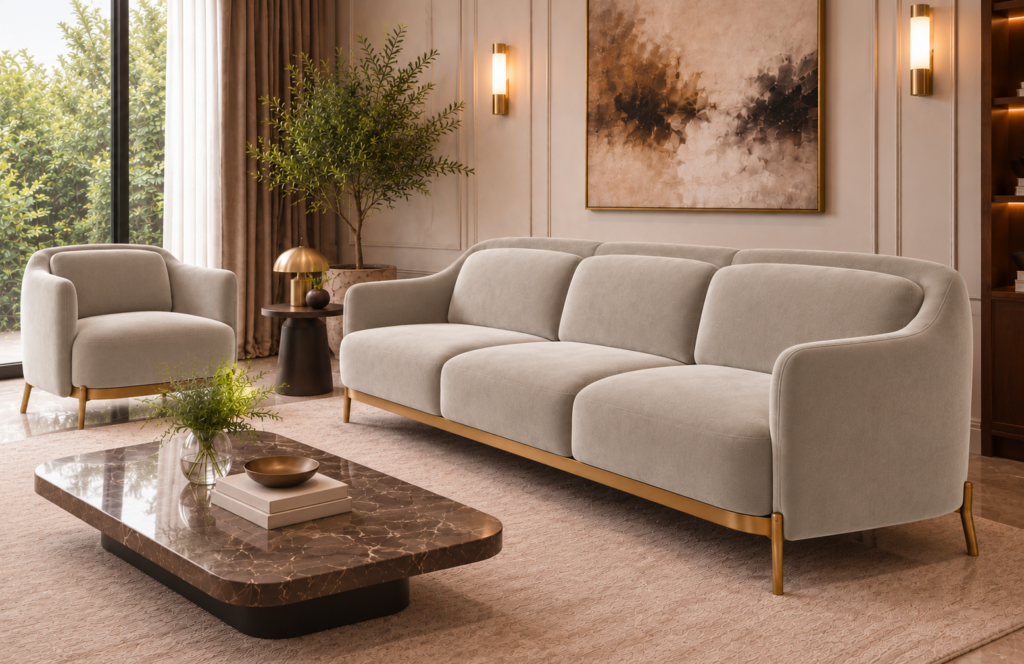 Angled side view of the Duet three-seater sofa and matching armchair in light beige patterned Aston 924 upholstery, showing rounded arms, separate cushions, gold finish base trim and slender legs.