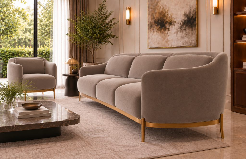 Angled side view of the Duet sofa in taupe patterned Aston 925 upholstery, showing a rounded side panel, three seat cushions and gold finish base, with a matching armchair nearby.