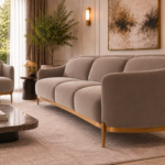 Angled side view of the Duet sofa in taupe patterned Aston 925 upholstery, showing a rounded side panel, three seat cushions and gold finish base, with a matching armchair nearby.