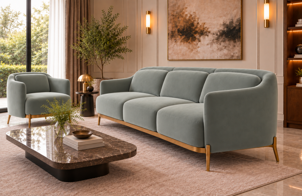 Angled side view of the Duet three-seater sofa in grey-green Phantom 118 leatherette, showing curved arms, a rounded upholstered side panel and gold finish base, with a matching armchair nearby.