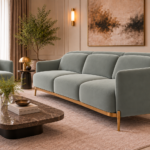 Angled side view of the Duet three-seater sofa in grey-green Phantom 118 leatherette, showing curved arms, a rounded upholstered side panel and gold finish base, with a matching armchair nearby.