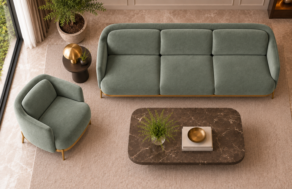 Top view of the Duet three-seater sofa and matching armchair in sage green patterned Aston 922 upholstery, showing aligned seat and back cushions, curved upholstered arms and gold finish base trim.