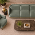 Top view of the Duet three-seater sofa and matching armchair in sage green patterned Aston 922 upholstery, showing aligned seat and back cushions, curved upholstered arms and gold finish base trim.
