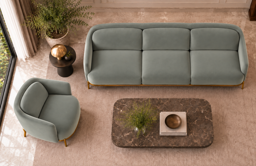 Top view of the Duet three-seater sofa and matching armchair in grey-green Phantom 118 leatherette, showing individual seat and back cushions, rounded upholstered frames and gold finish base trim.