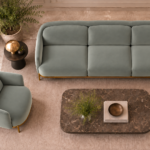 Top view of the Duet three-seater sofa and matching armchair in grey-green Phantom 118 leatherette, showing individual seat and back cushions, rounded upholstered frames and gold finish base trim.
