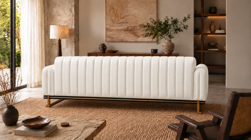 Rear view of the Venetia sofa in white leatherette, featuring vertical channels across the full back, rounded upholstered arms, a dark rail with gold trim and gold-finish metal supports.