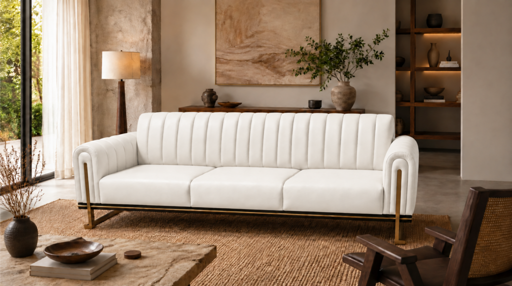 Front view of the Venetia three-seater sofa in white leatherette, with three separate seat cushions, a vertically channelled backrest, rounded arms and gold-finish metal supports above a dark base rail.