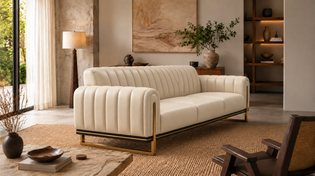 Angled side view of the Venetia sofa in cream leatherette, showing vertical channels across the backrest and outer arm, three seat cushions, dark base trim and gold-finish sled supports.