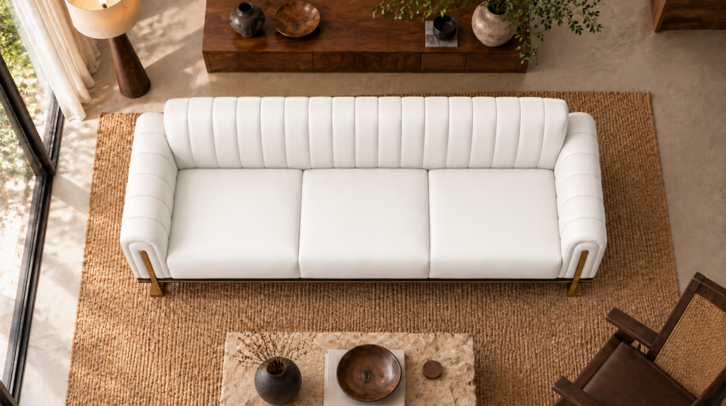 Overhead view of the Venetia sofa in white leatherette, showing three equal seat cushions, vertical channels along the backrest, rounded channelled arms and gold-finish supports at the front corners.