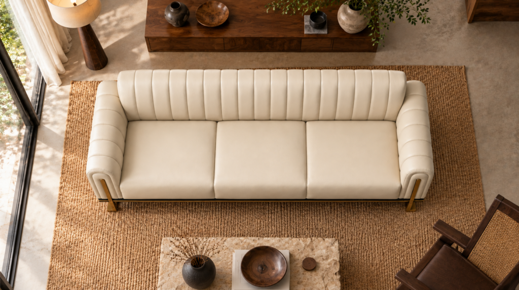Overhead view of the Venetia sofa in cream leatherette, showing three equal seat cushions, a vertically channelled backrest, rounded channelled arms and gold-finish supports at the front corners.