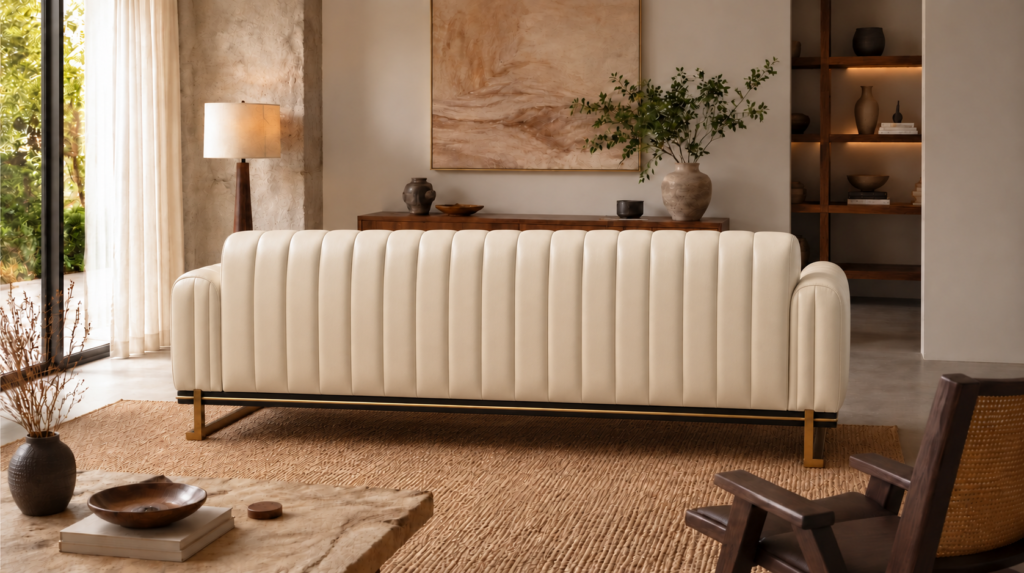 Rear view of the Venetia sofa in cream leatherette, showing full-height vertical channels, rounded arm ends, a dark base rail with gold trim and gold-finish metal legs.