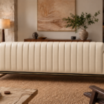 Rear view of the Venetia sofa in cream leatherette, showing full-height vertical channels, rounded arm ends, a dark base rail with gold trim and gold-finish metal legs.