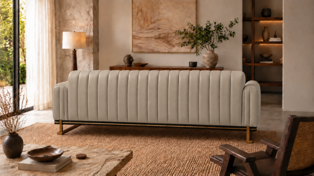Rear view of the Venetia sofa in light taupe leatherette, showing full-height vertical channels, rounded arm ends, a dark base rail with gold trim and gold-finish metal supports.