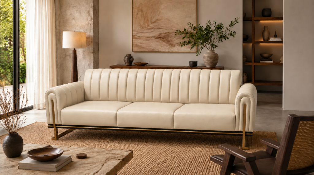Front view of the Venetia three-seater sofa in cream leatherette, featuring three seat cushions, a vertically channelled backrest, rounded upholstered arms and gold-finish metal supports extending up the arm fronts.