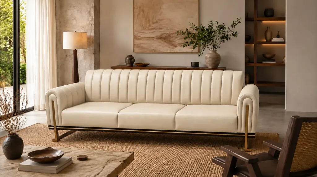 Front view of the Venetia three-seater sofa in cream leatherette, featuring three seat cushions, a vertically channelled backrest, rounded upholstered arms and gold-finish metal supports extending up the arm fronts.