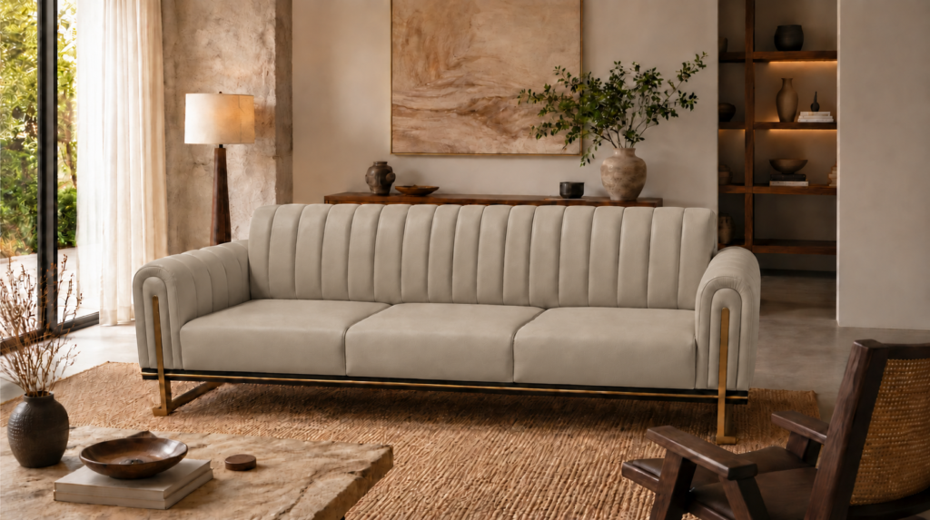 Front view of the Venetia sofa in light taupe leatherette, featuring three seat cushions, a vertically channelled backrest, rounded upholstered arms and gold-finish supports beside a dark base rail.