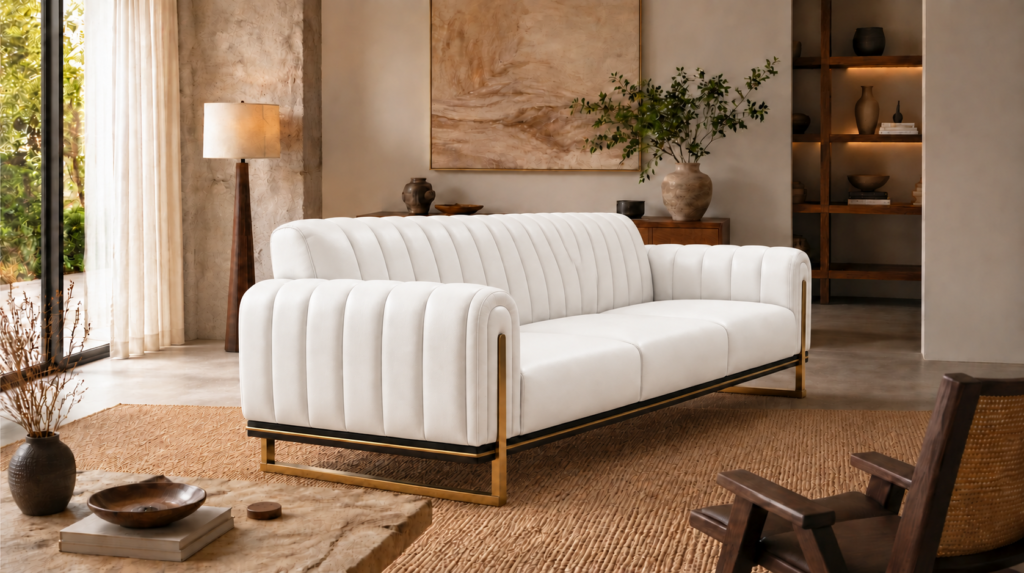 Angled side view of the Venetia sofa in white leatherette, showing its rounded channelled arms, vertically stitched backrest, three seat cushions and gold-finish sled supports beneath a dark base rail.