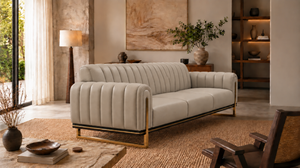 Angled side view of the Venetia sofa in light taupe leatherette, showing channelled upholstery across the back and rounded arms, three seat cushions and gold-finish sled supports.